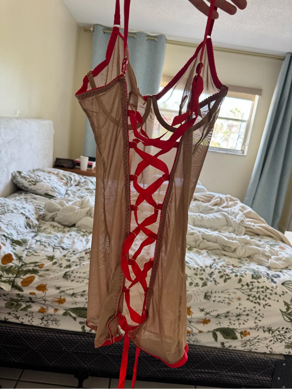 Sheer Mesh Chemise with Red Lace-Up Detail - Nude/Red